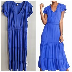 Old Navy Blue Tiered Maxi Dress Boho Flowy Empire Waist Short Sleeve L
